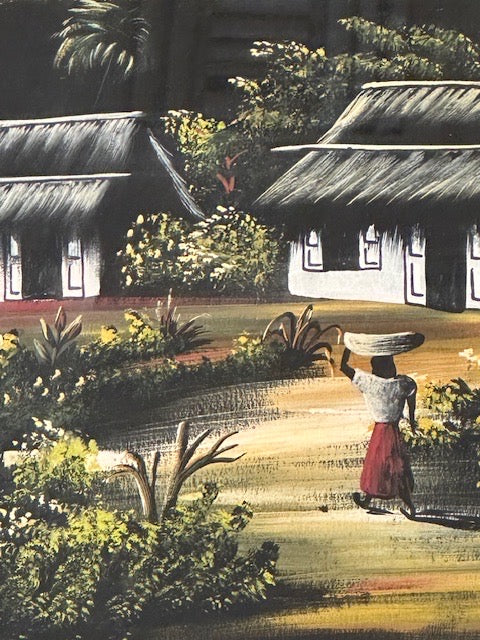 Detail of the tropical painting: woman in a red skirt carrying a basket on her head before thatched cottages