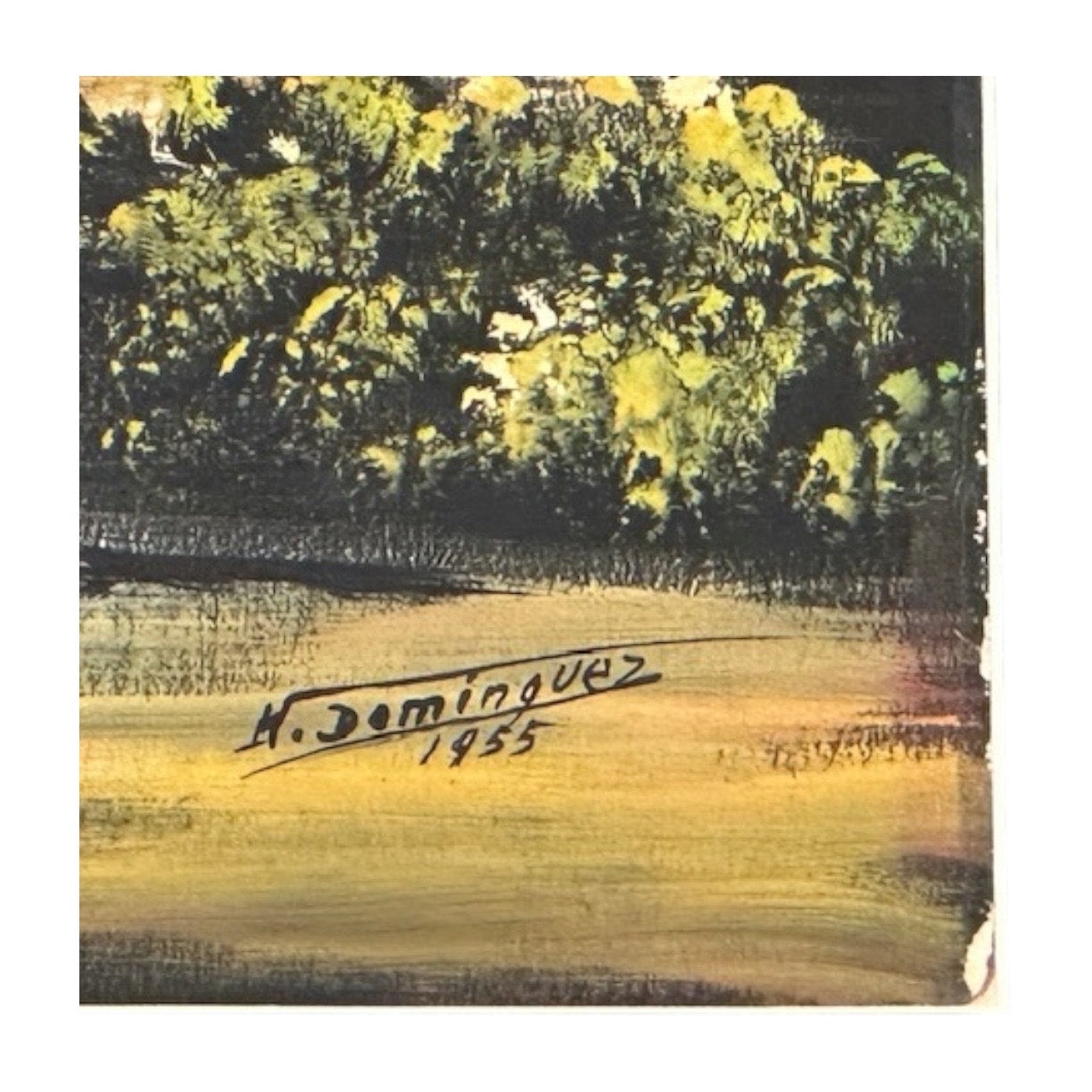 Close-up of the signature "H. Dominguez 1955" on the painting