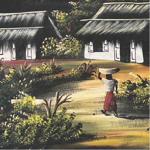 Vintage tropical painting of thatched cottages amid foliage with a woman carrying a basket on a path
