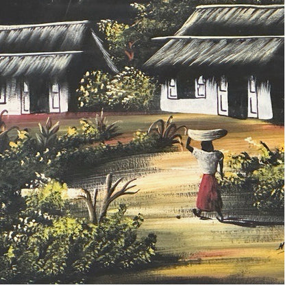Vintage tropical painting of thatched cottages amid foliage with a woman carrying a basket on a path