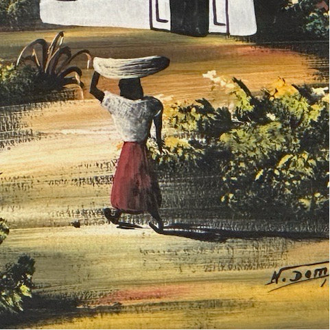 Close-up of the woman in white top and red skirt balancing a basket on her head, signed H. Dominguez