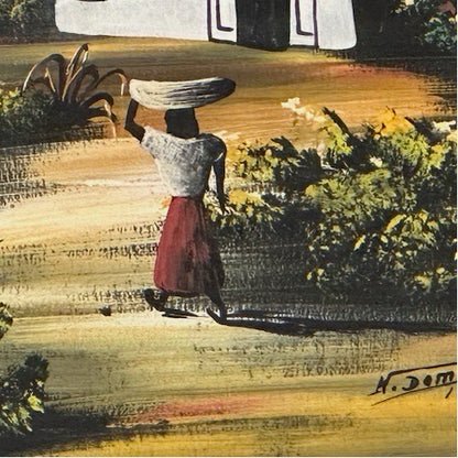 Close-up of the woman in white top and red skirt balancing a basket on her head, signed H. Dominguez