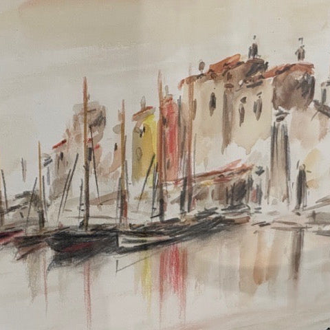 Vintage coastal watercolor of a Mediterranean harbor with moored boats and waterfront buildings