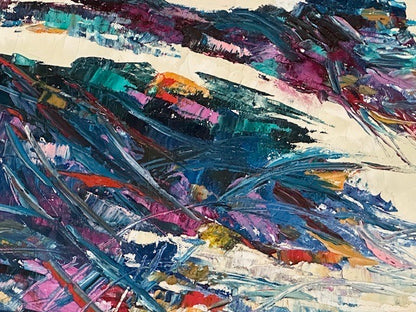 Close-up of the painting's vivid impasto: jewel-toned palette-knife strokes across pale sand