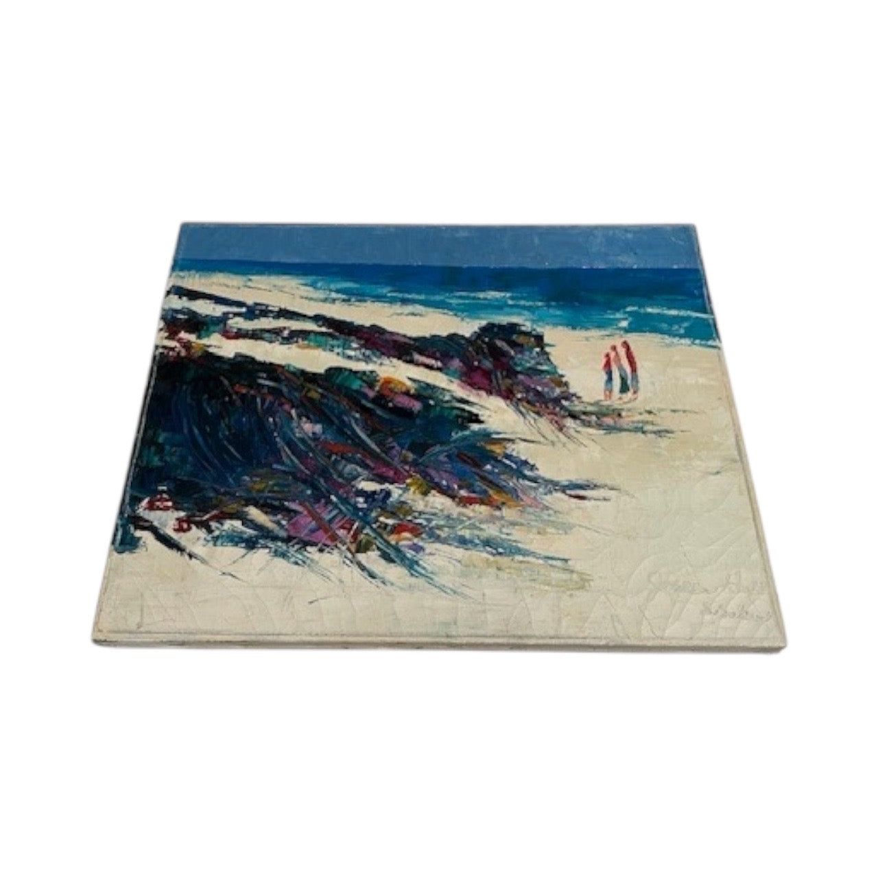 Angled view of the coastal beach oil on canvas showing dune, surf and two distant figures