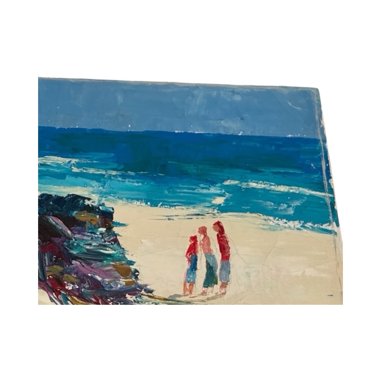 Detail of three small figures in red on the beach beside turquoise surf, palette-knife oil