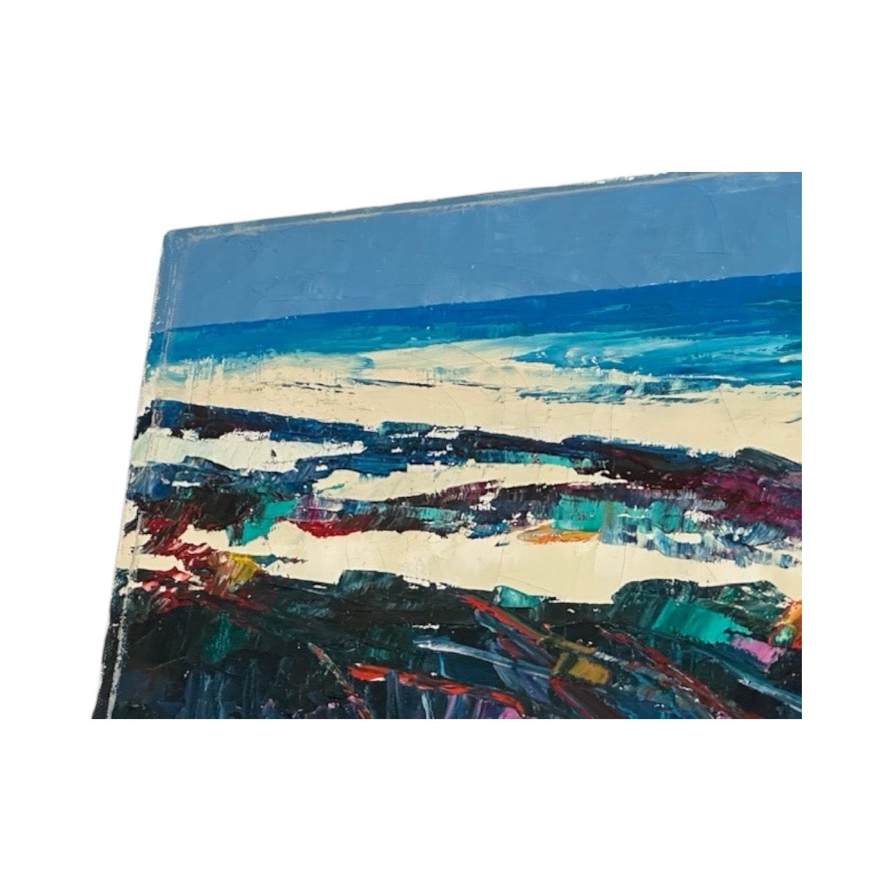 Close-up of the upper canvas: sea, pale sand and textured dune in heavy palette-knife oil