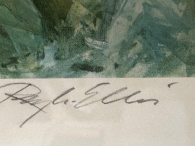 Close-up of artist's pencil signature, Ralph Ellis, along the lower margin of the tennis print