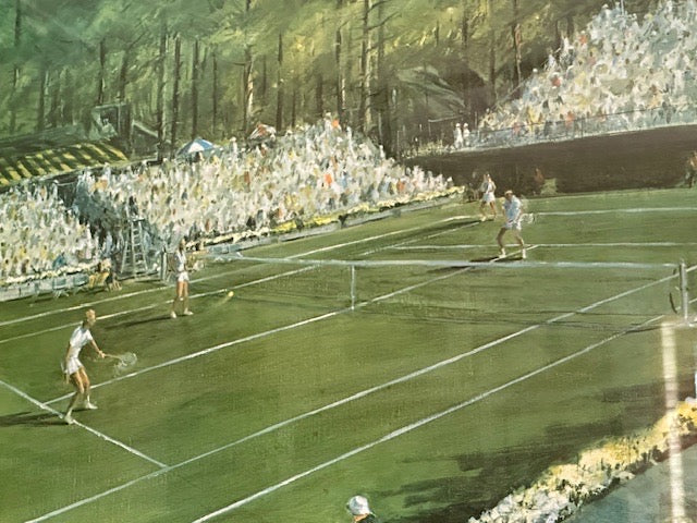 Detail of the painted scene: players on a grass tennis court before a packed wooded grandstand