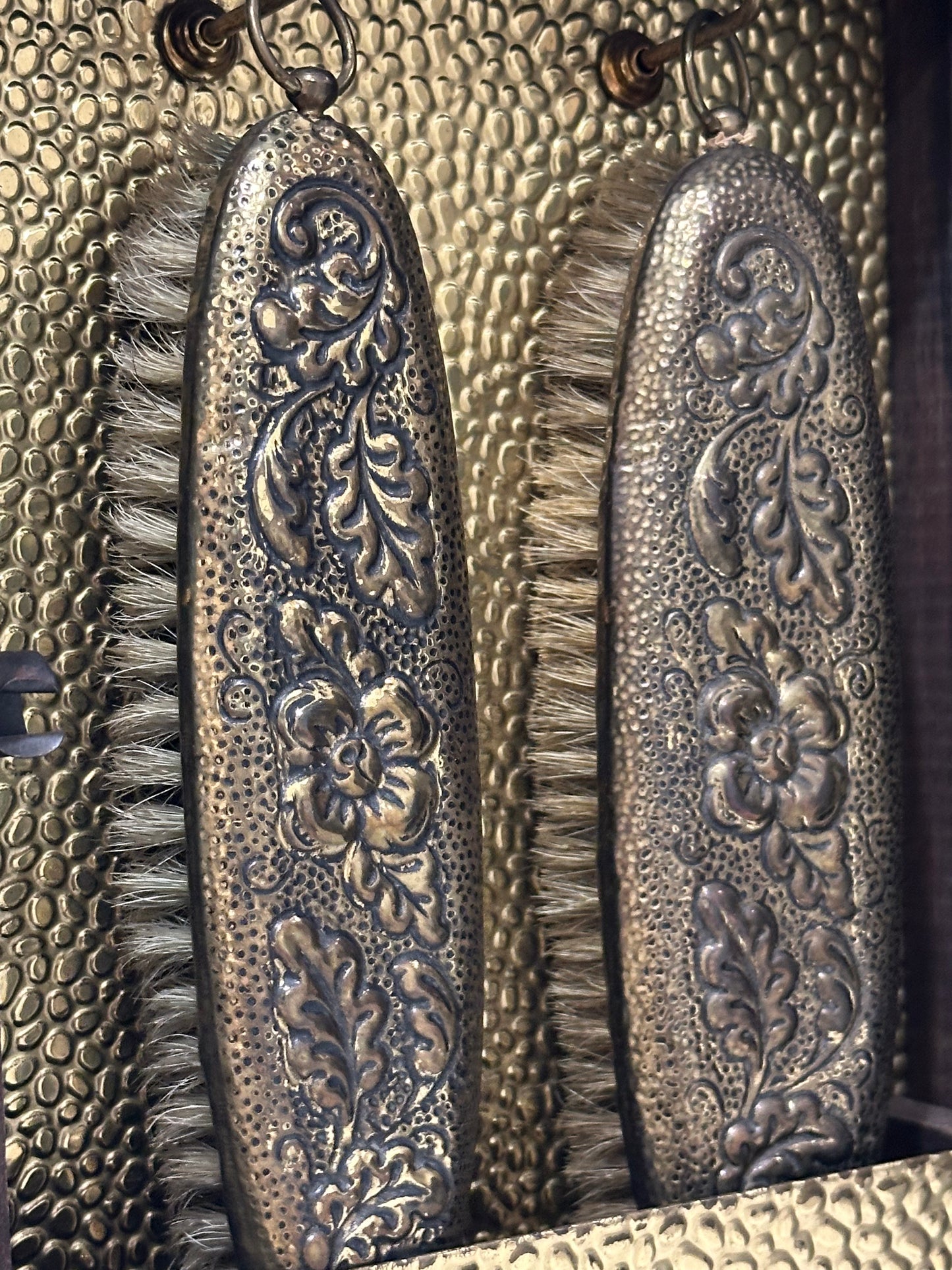 Close-up of two clothes brushes with floral repousse silvered backs against gilt cabinet lining.