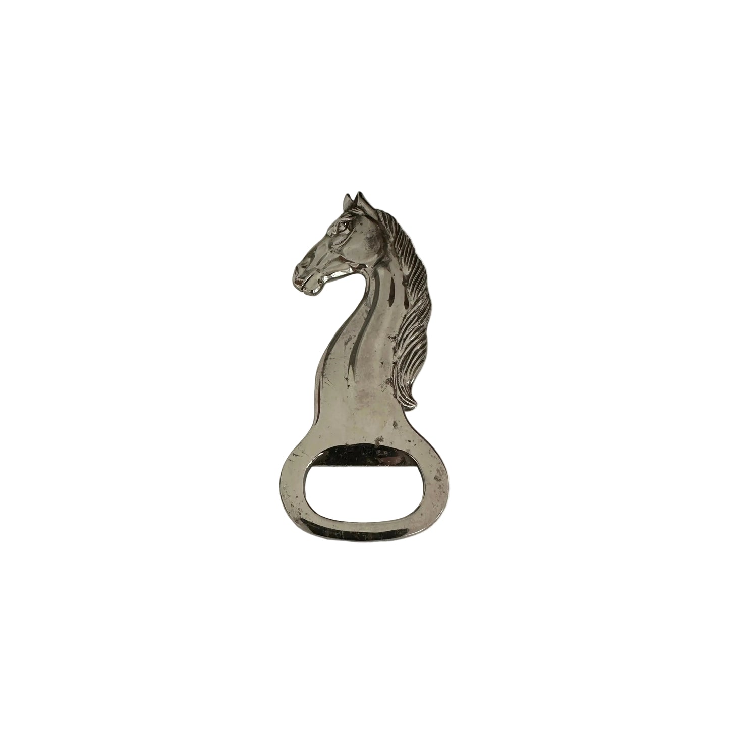 Vintage silver plate bottle opener cast as a horse head, side profile on white.