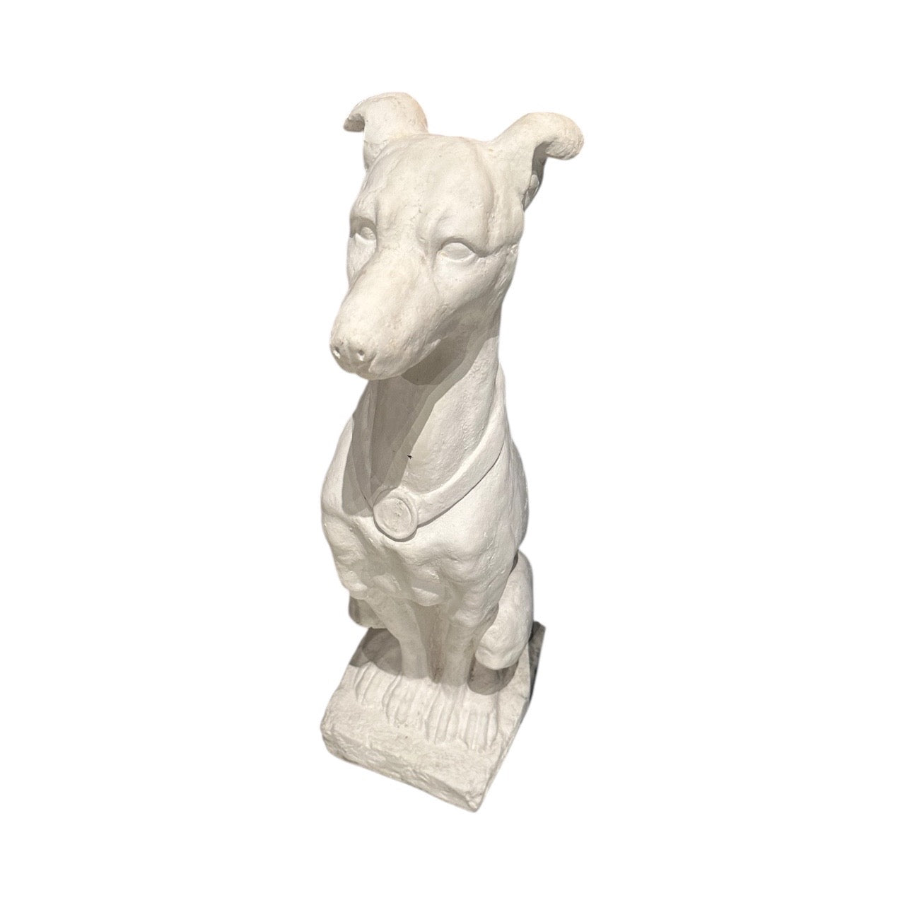 White plaster greyhound statue seated on rough-cast base with medallion collar, front view