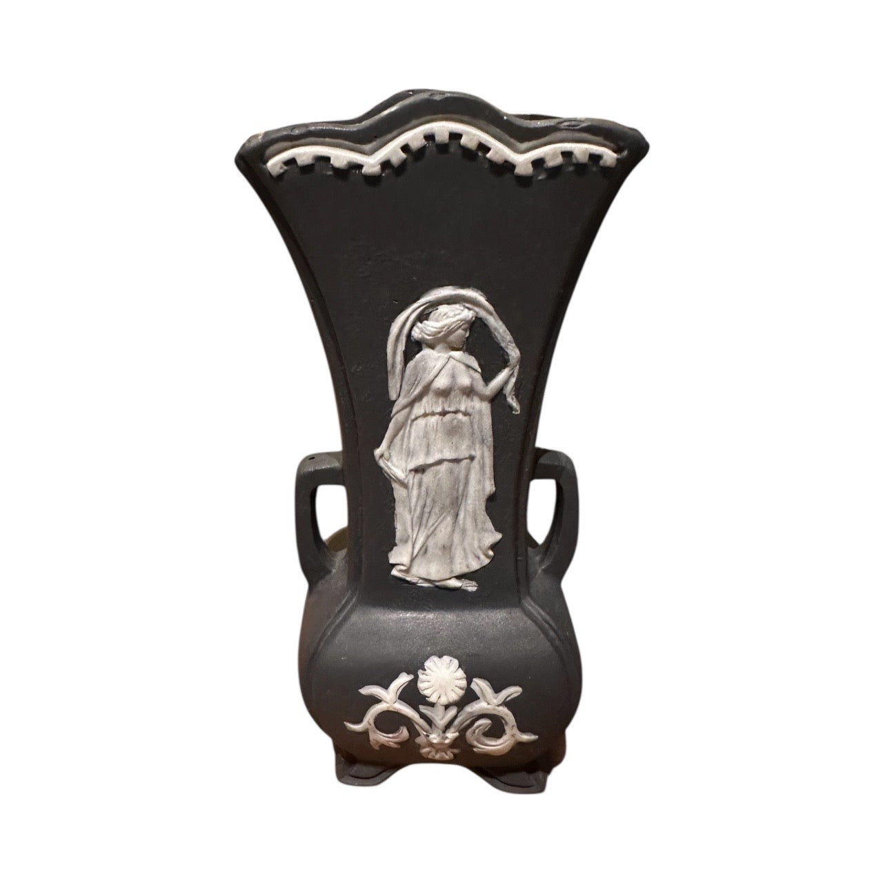 Black jasperware bud vase with white classical female figure relief and floral medallion, flared rim