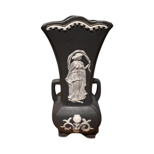 Black jasperware bud vase with white classical female figure relief and floral medallion, flared rim