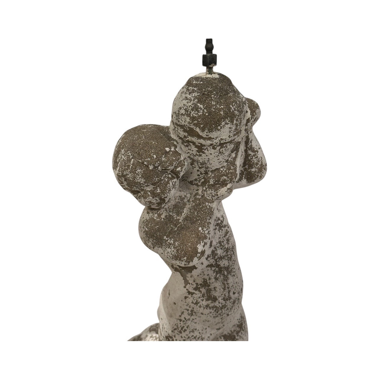 Rear view of concrete fountainhead figure's head fitted with a black water spout