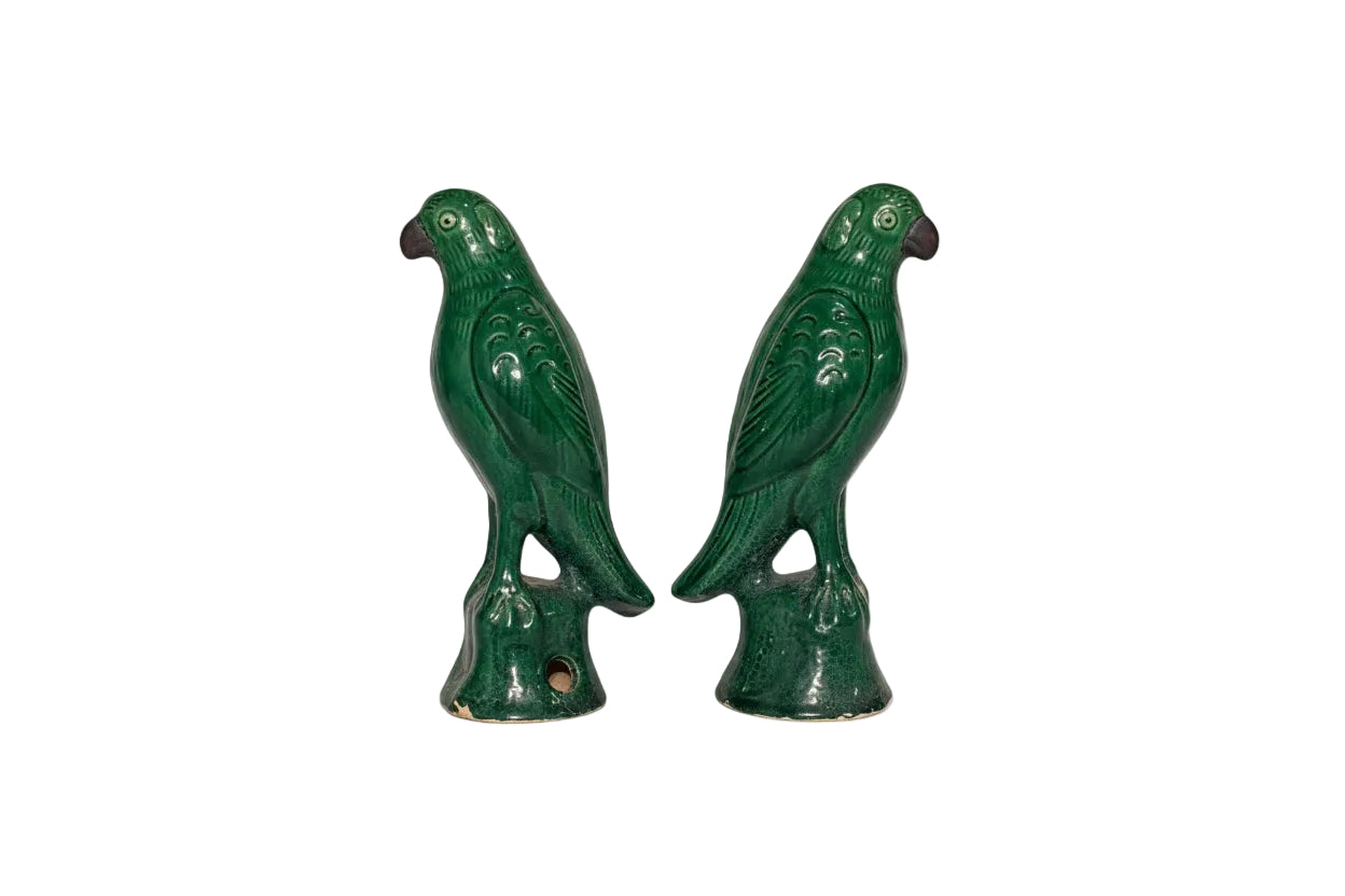 Pair of Antique Green Glazed Sancai Chinese Parrots  image