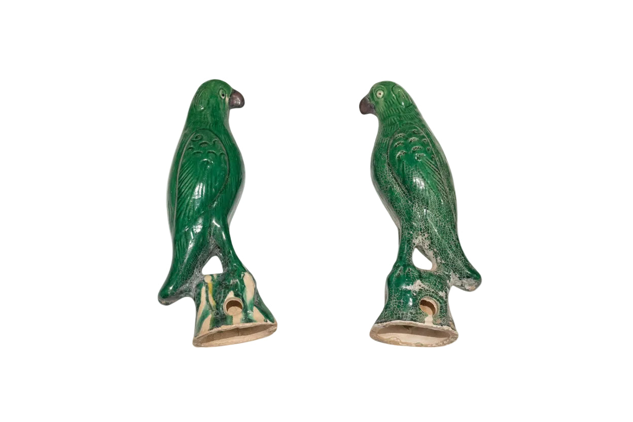 Pair of Antique Green Glazed Sancai Chinese Parrots  image