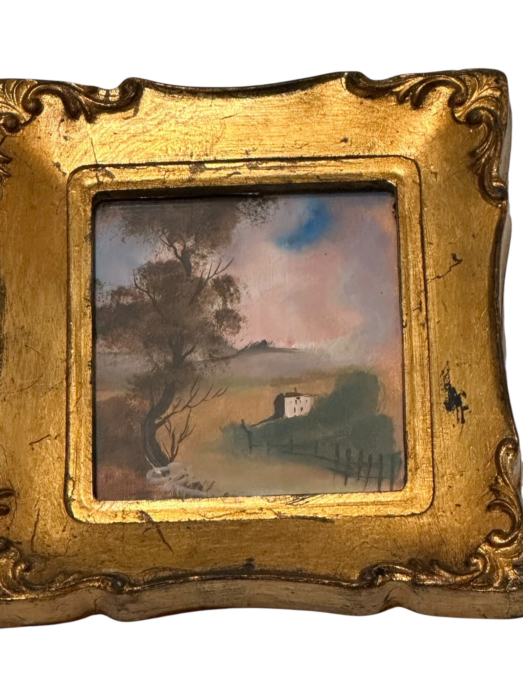 Italian gilt-framed miniature painting of a house and tree in a misty landscape under blue sky