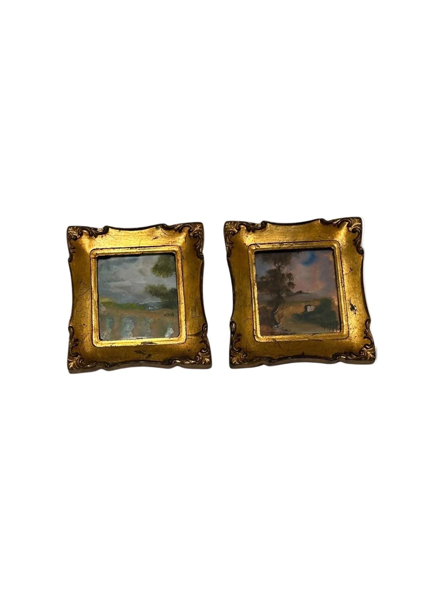 Pair of Italian gilt-framed miniature landscape oil paintings, front view on white