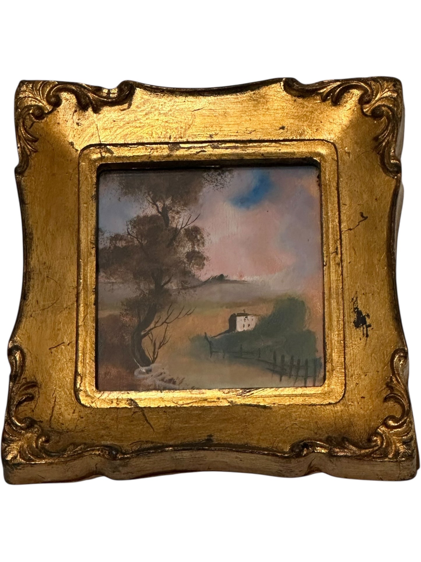 Italian gilt-framed miniature painting of a cottage and bare tree in a hazy hillside landscape