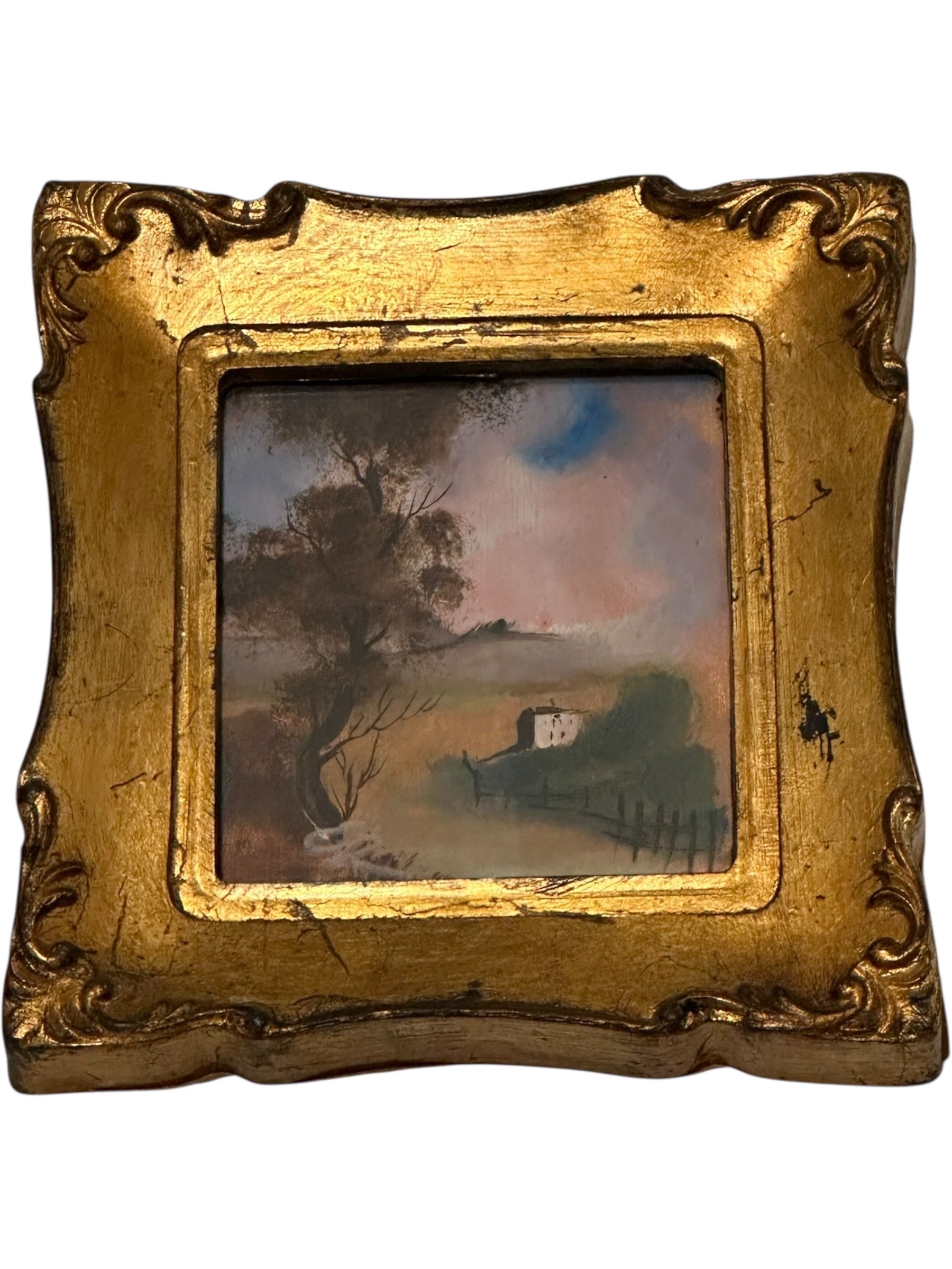 Italian gilt-framed miniature painting of a cottage and bare tree in a hazy hillside landscape