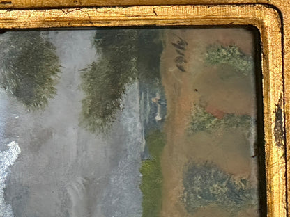 Close-up detail of one miniature landscape painting showing brushwork of trees and field