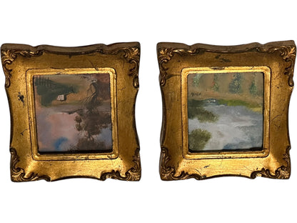 Backs of both Italian miniature paintings showing brown board and gilt maker labels