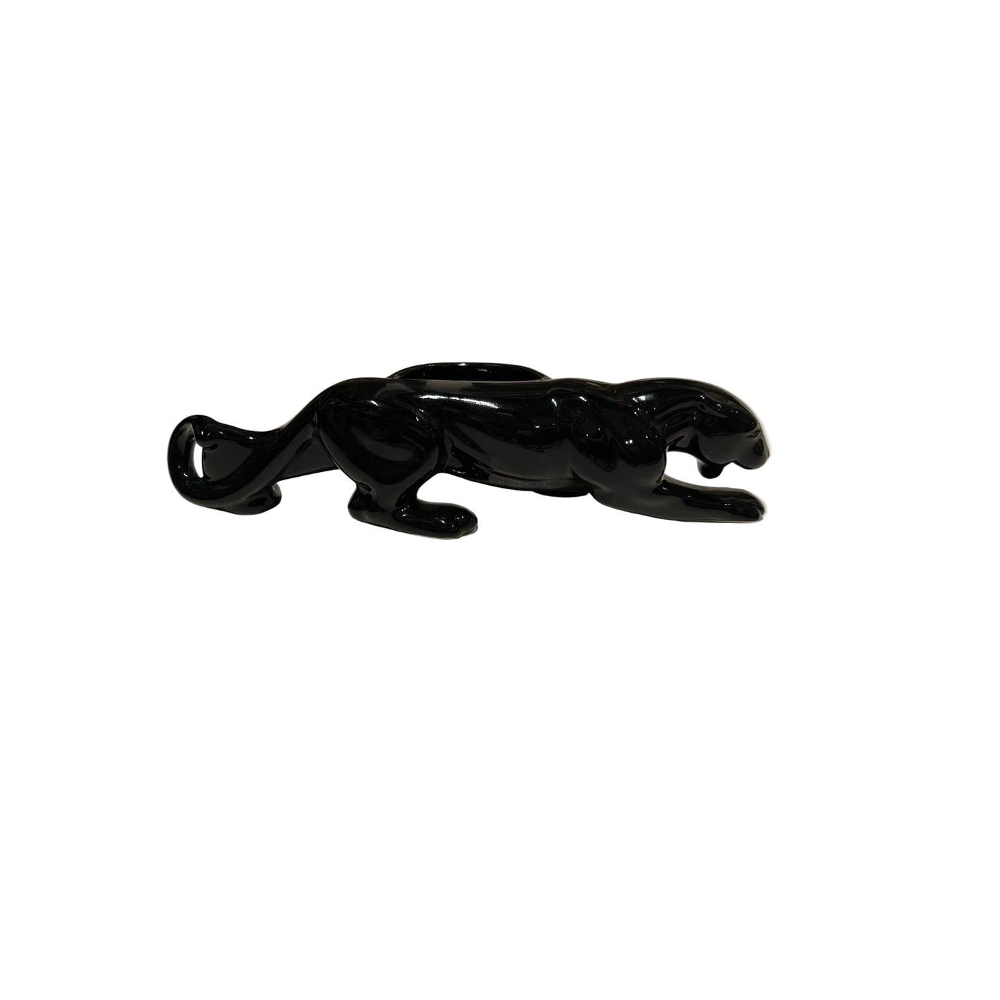 MCM McCoy glossy black glazed ceramic panther planter, prowling form, side profile