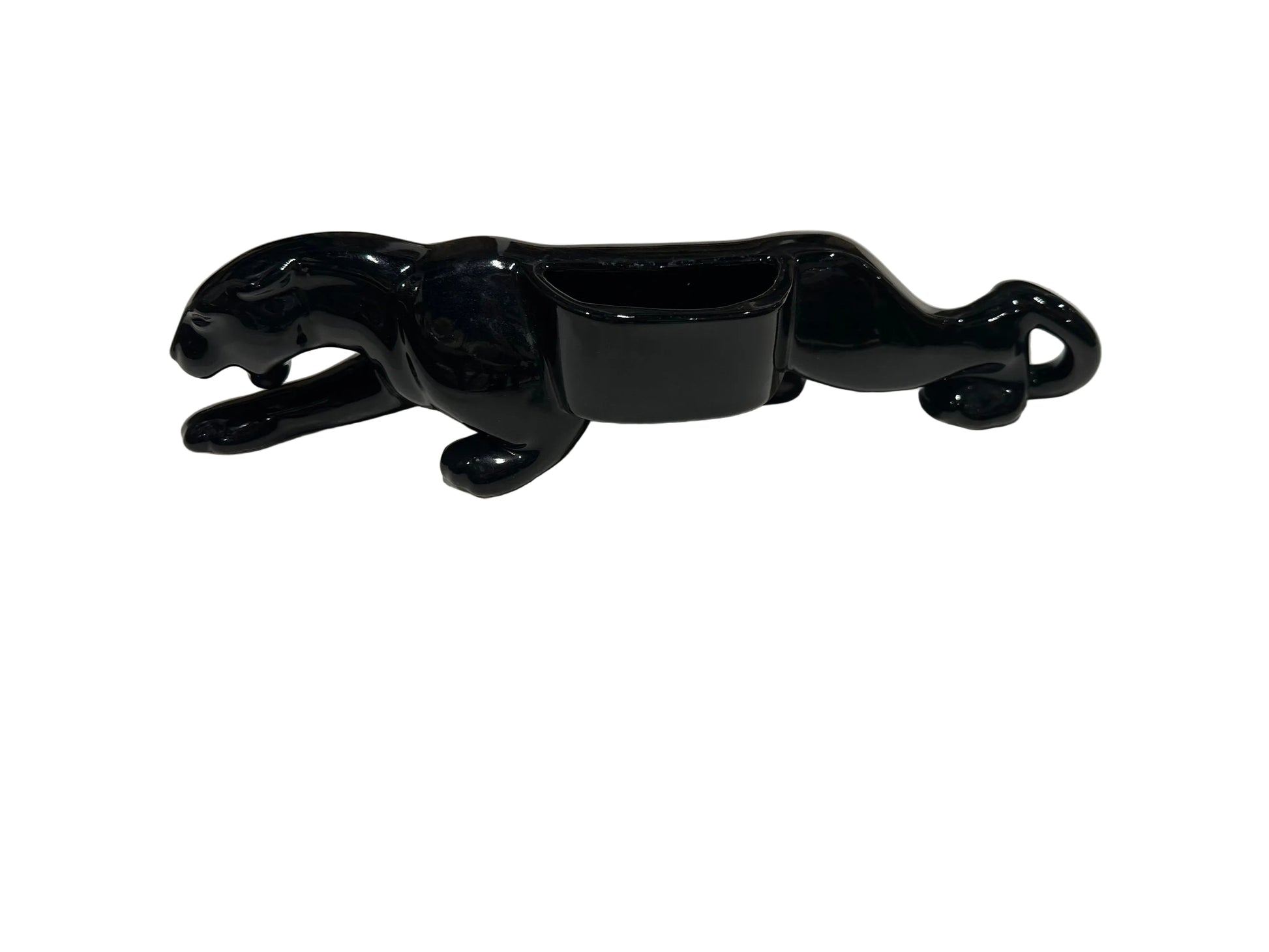 MCM McCoy black glazed ceramic panther planter, side view showing rectangular planter opening on the back