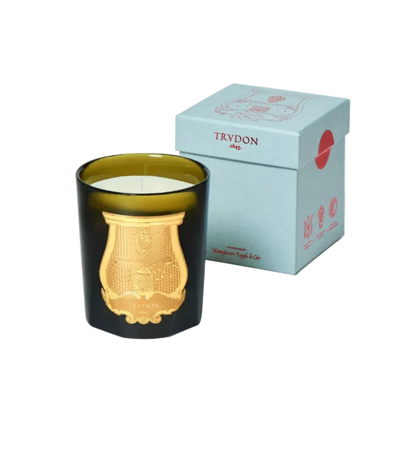 Trudon Classique candle in green glass with gold crest beside its pale blue branded gift box