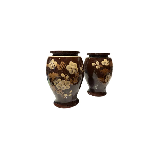 Vintage Glazed Brown Asian Inspired Pottery Vases, a Pair image
