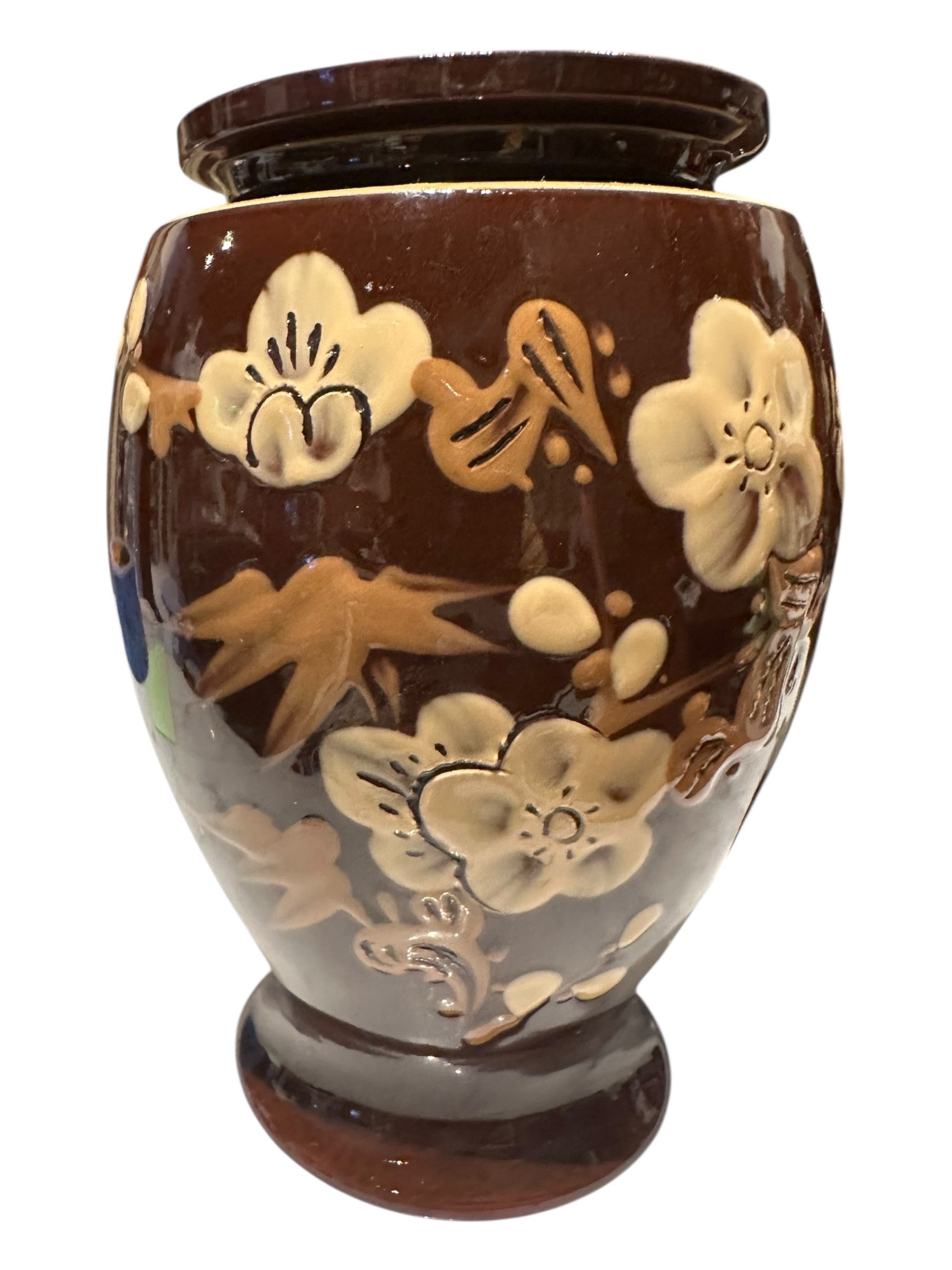 Single brown-glazed ceramic vase, close view of raised cream cherry-blossom and gilt leaf decoration