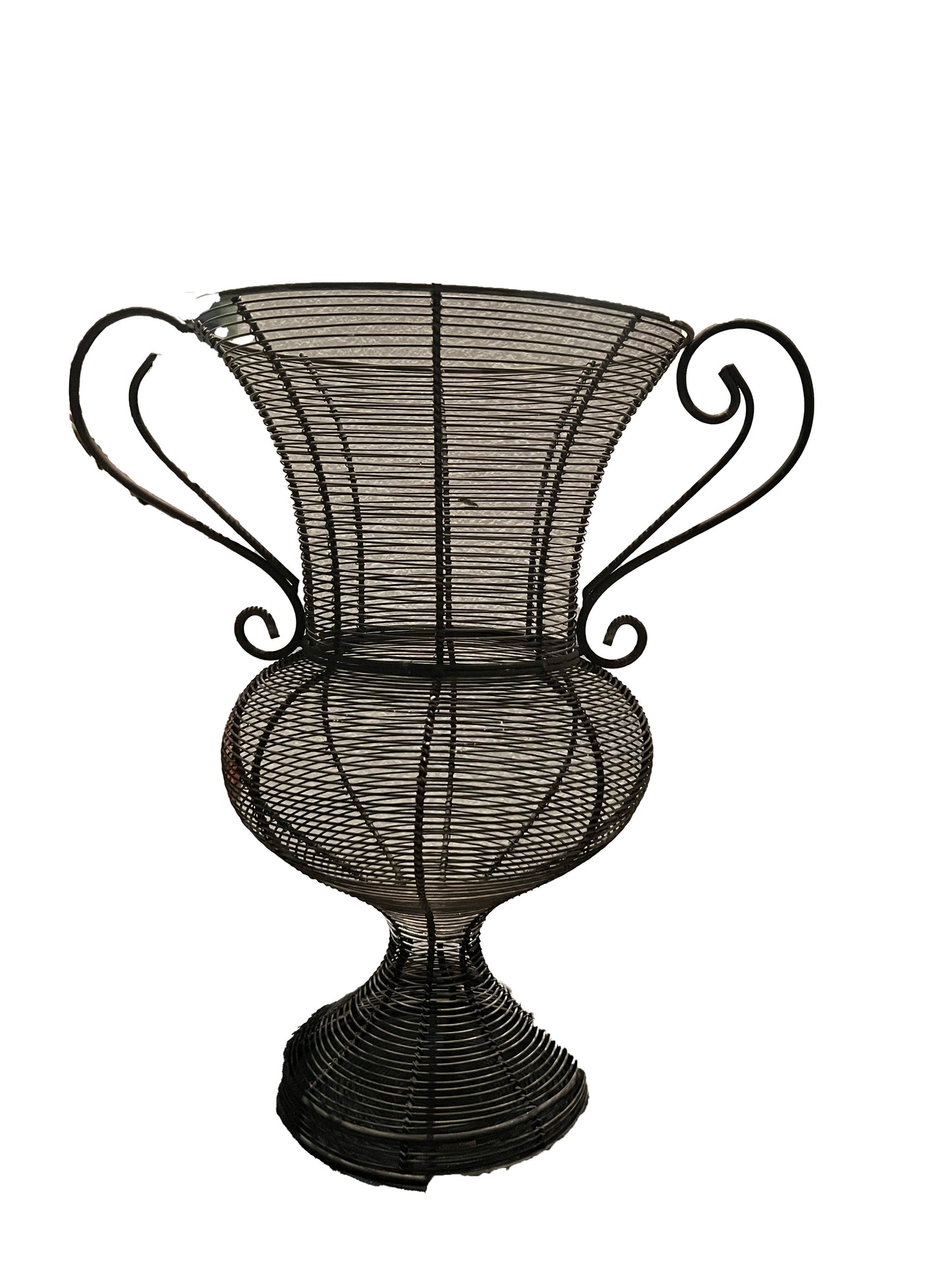 Vintage black wire tall urn planter with scrolled handles and classical pedestal base