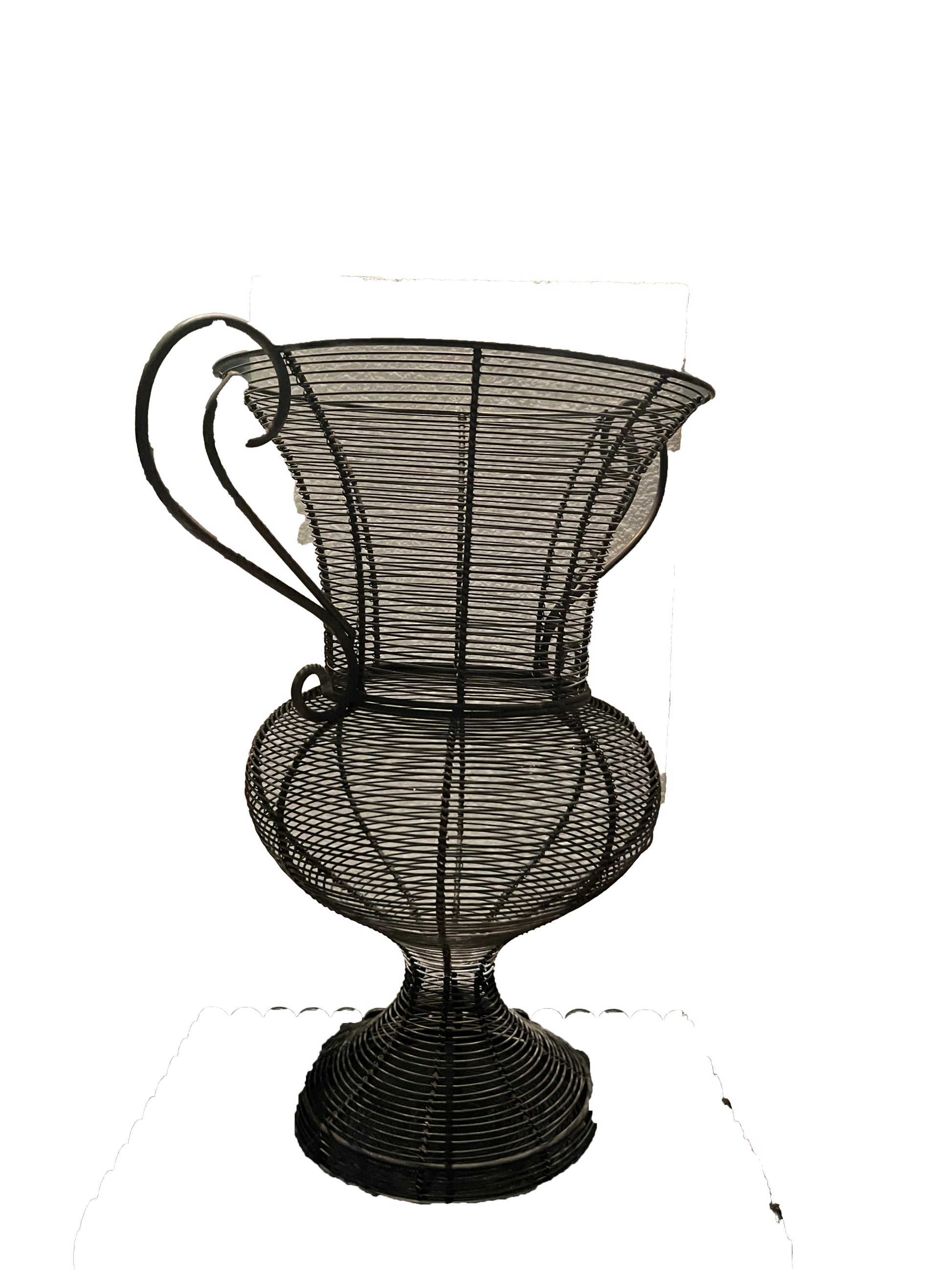 Wire urn planter, black coiled-wire body with flared rim, side view