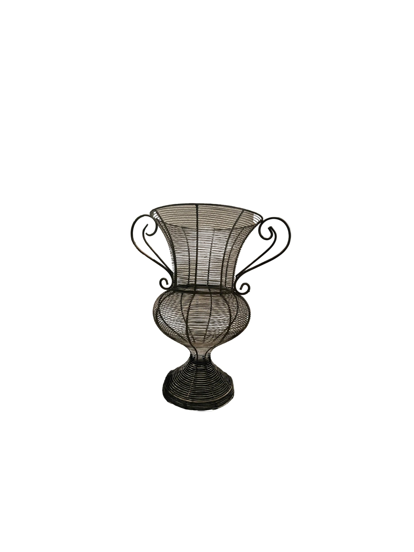 Tall wire urn planter, scrolled handles and footed base, alternate angle