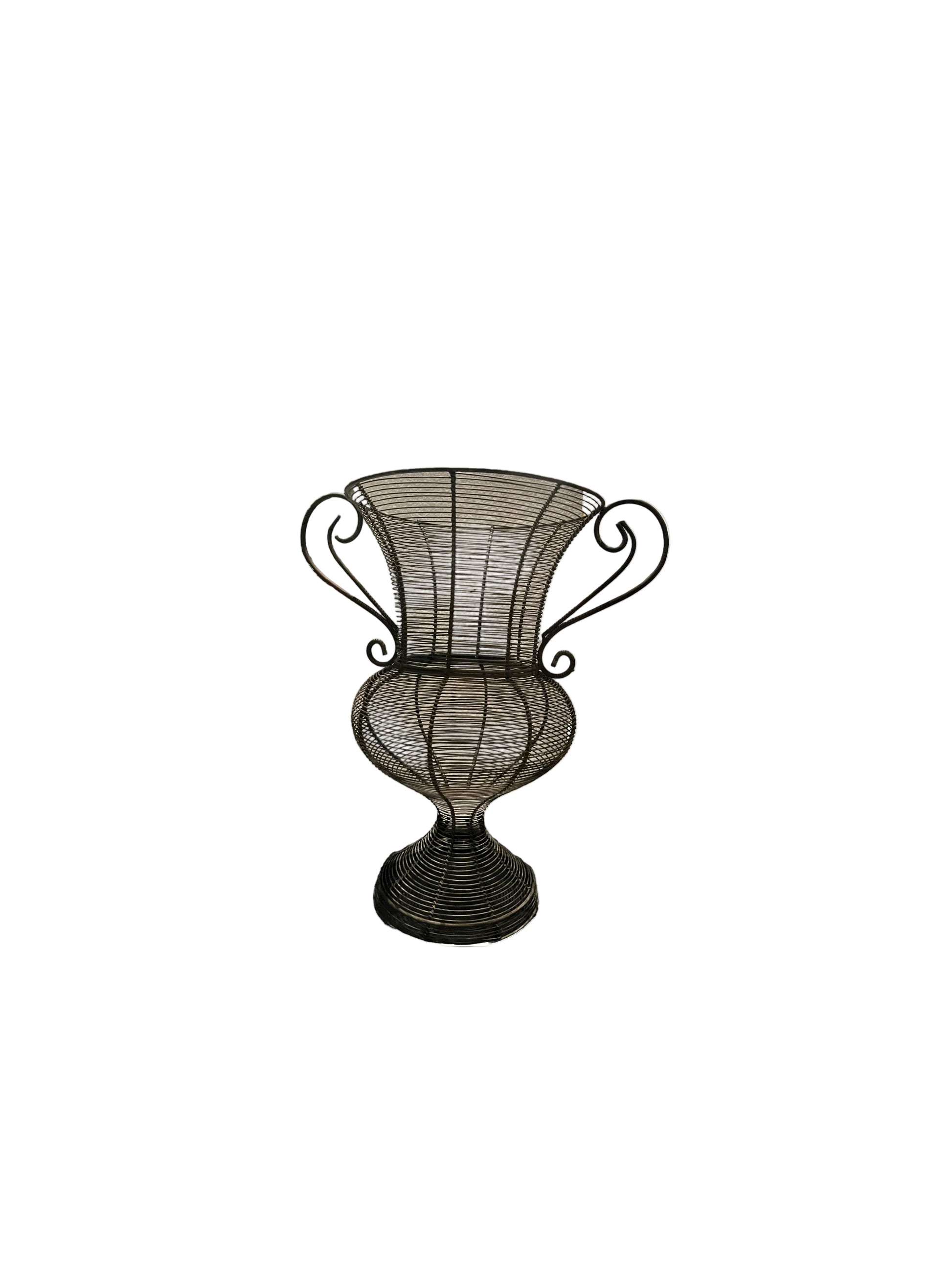 Tall wire urn planter, scrolled handles and footed base, alternate angle