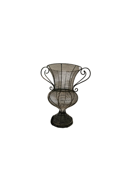 Tall wire urn planter, scrolled handles and footed base, alternate angle