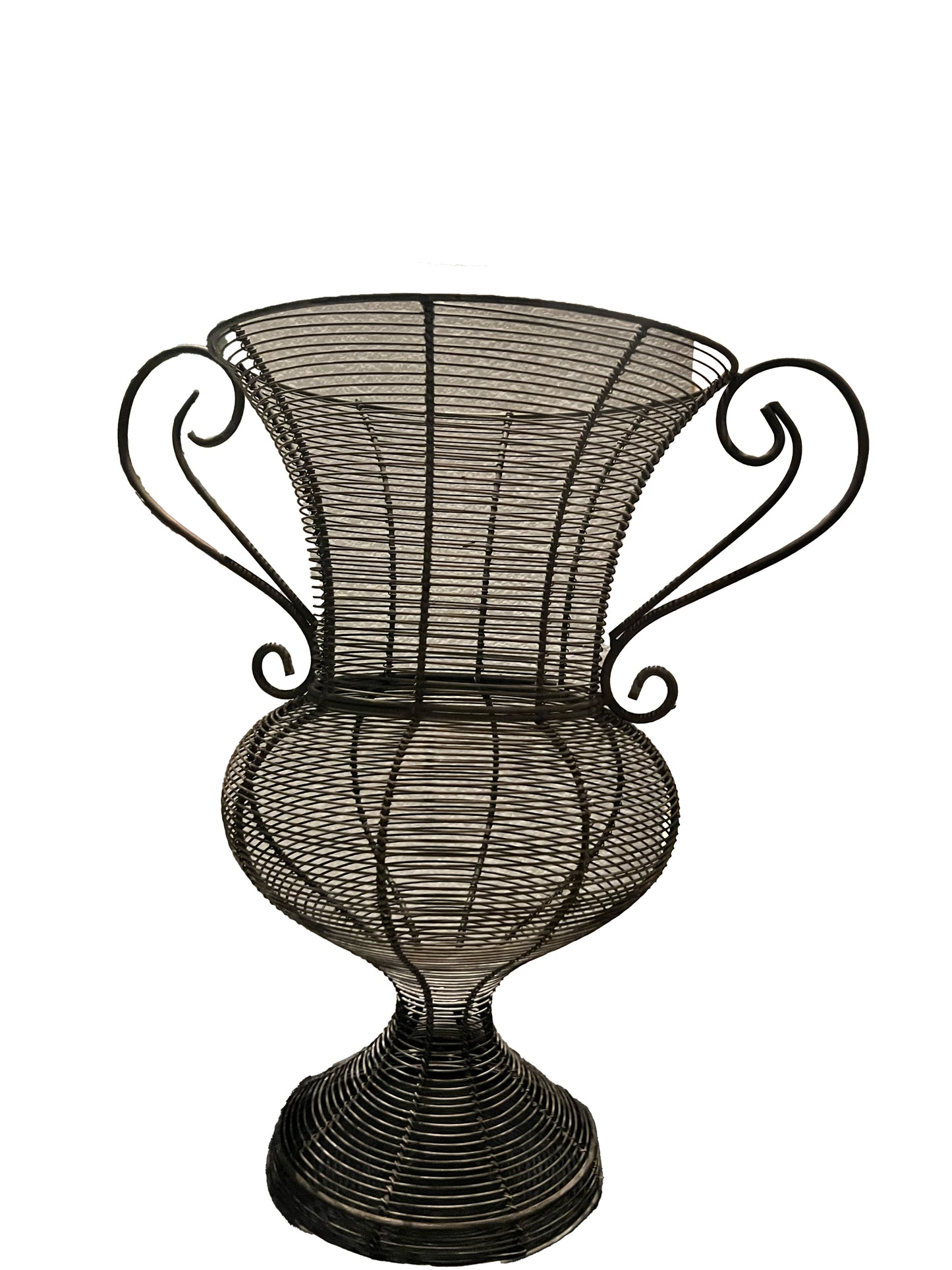 Vintage wire urn planter, classical trophy form with scroll handles, full view