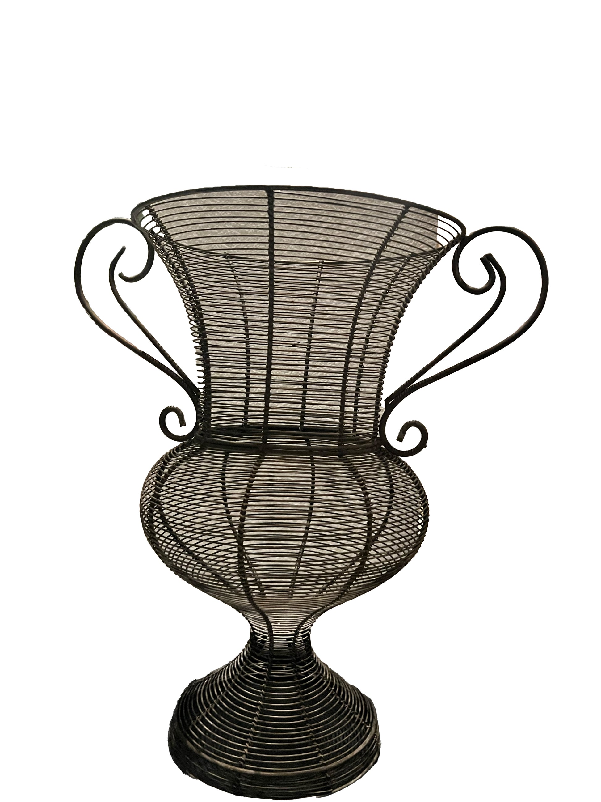 Vintage wire urn planter, classical trophy form with scroll handles, full view