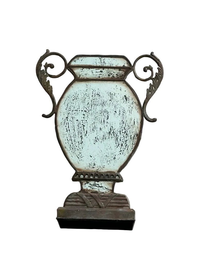 Antiqued mirror urn vase with foliate scroll handles and stepped base, front view