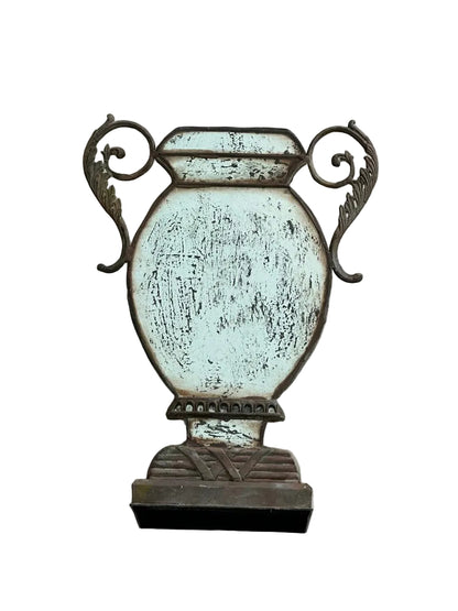 Antiqued mirror urn vase with foliate scroll handles and stepped base, front view