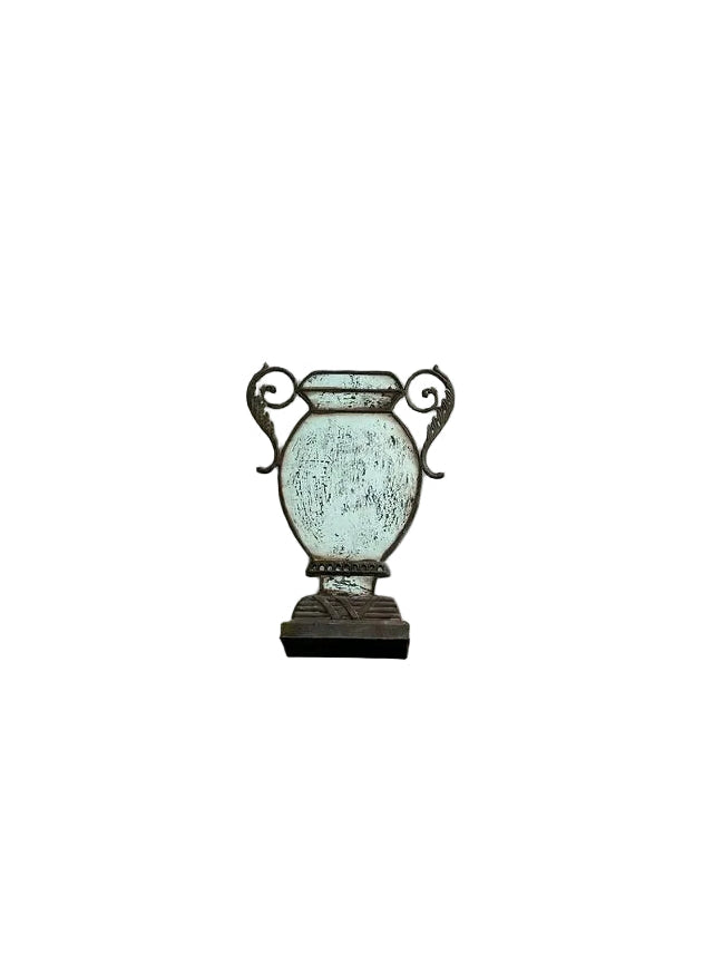 Antiqued mirror urn-shaped vase with scrolled metal handles, distressed pale finish, full view
