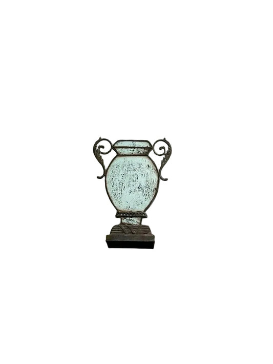 Antiqued mirror urn-shaped vase with scrolled metal handles, distressed pale finish, full view