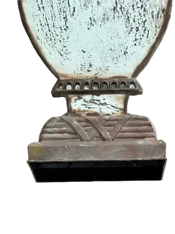 Close-up of the lower body, beaded collar and stepped base of the mirrored urn vase