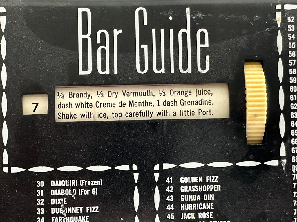Close-up of MCM Bar Guide title and recipe window with numbered cocktail list and scroll dial