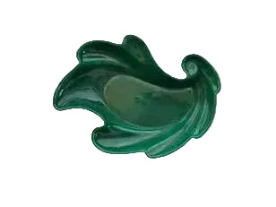 Claire Lerner green leaf-shaped pottery bowl with curled leaf tip, overhead view