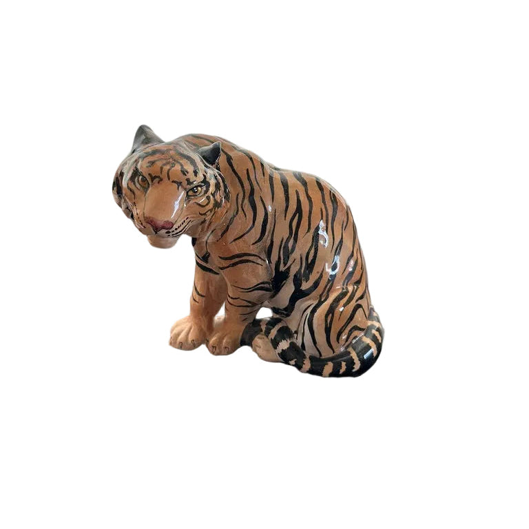 Vintage Italian ceramic tiger figure, seated hand-painted tiger with black stripes, front view