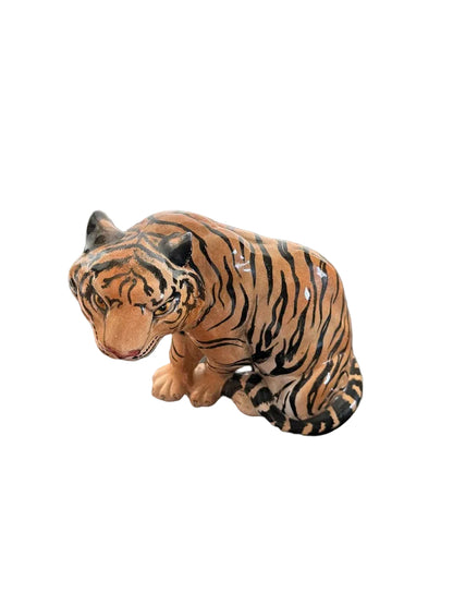 Vintage Italian ceramic tiger figure, seated tiger viewed from the front left side