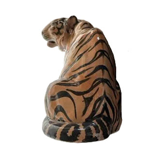 Vintage Italian ceramic tiger figure, rear view showing striped back and curled tail