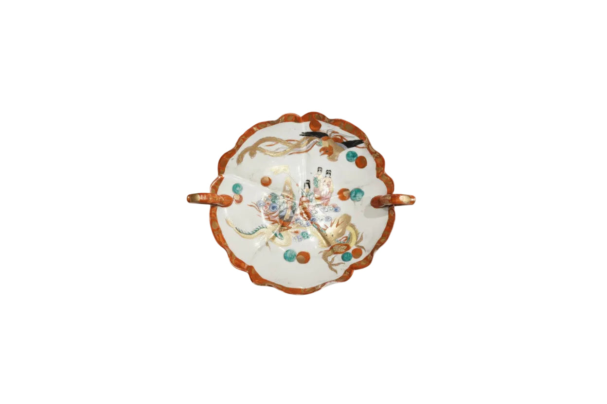 Japanese Kutani porcelain dish with handles, top view of figural and phoenix gilt decoration